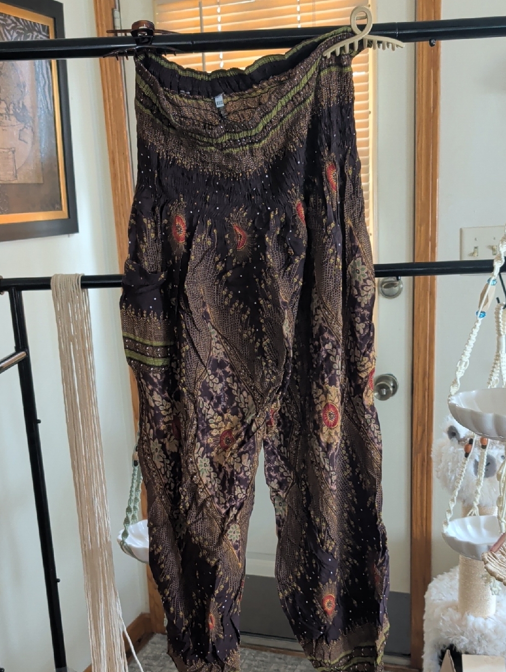Boho Smocked Waist Floral Print Harem Pants - Black